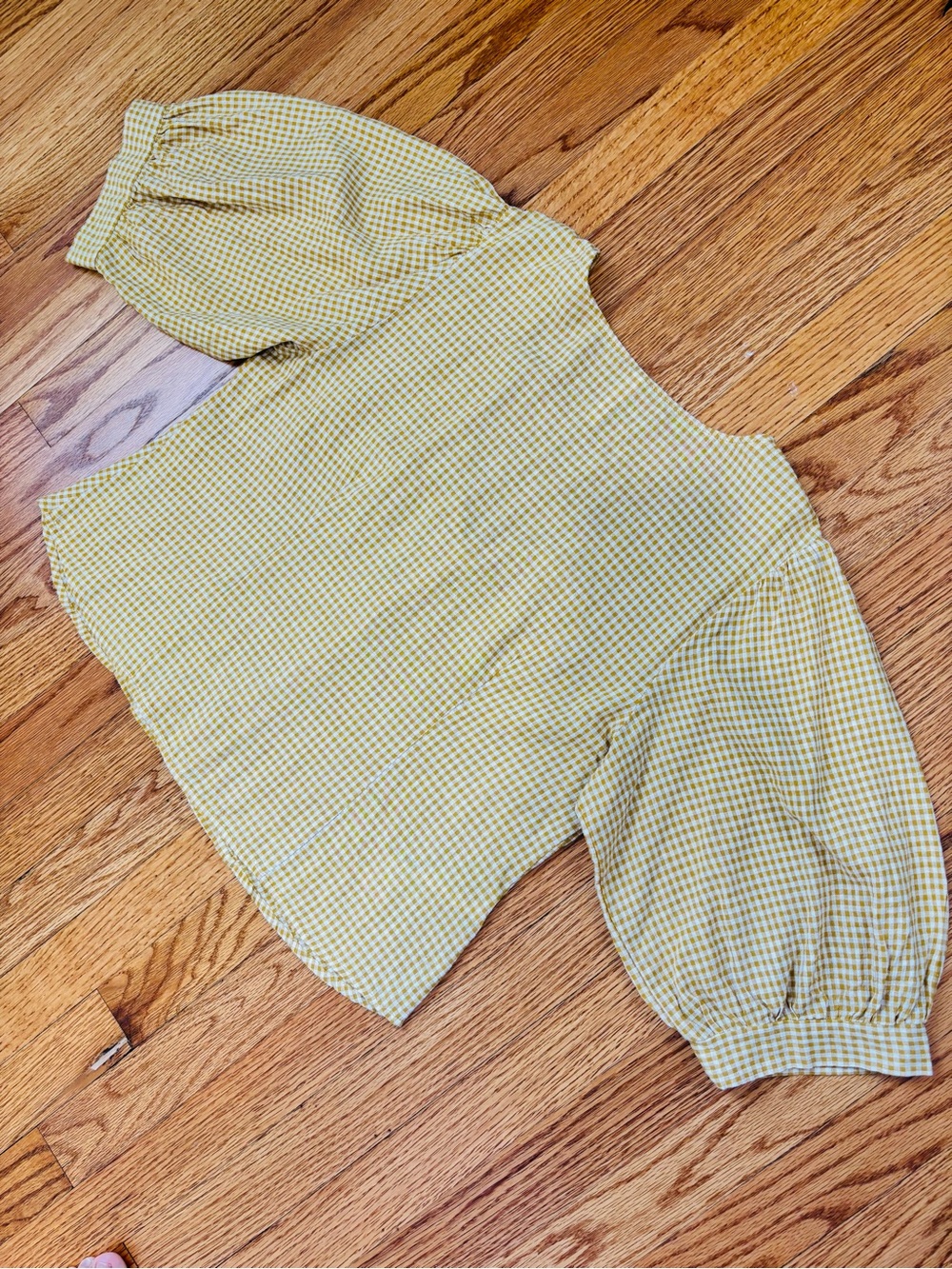 Mango lagenlook mustard gingham V-neck puff sleeve button up resort crop blouse - Picture 14 of 16